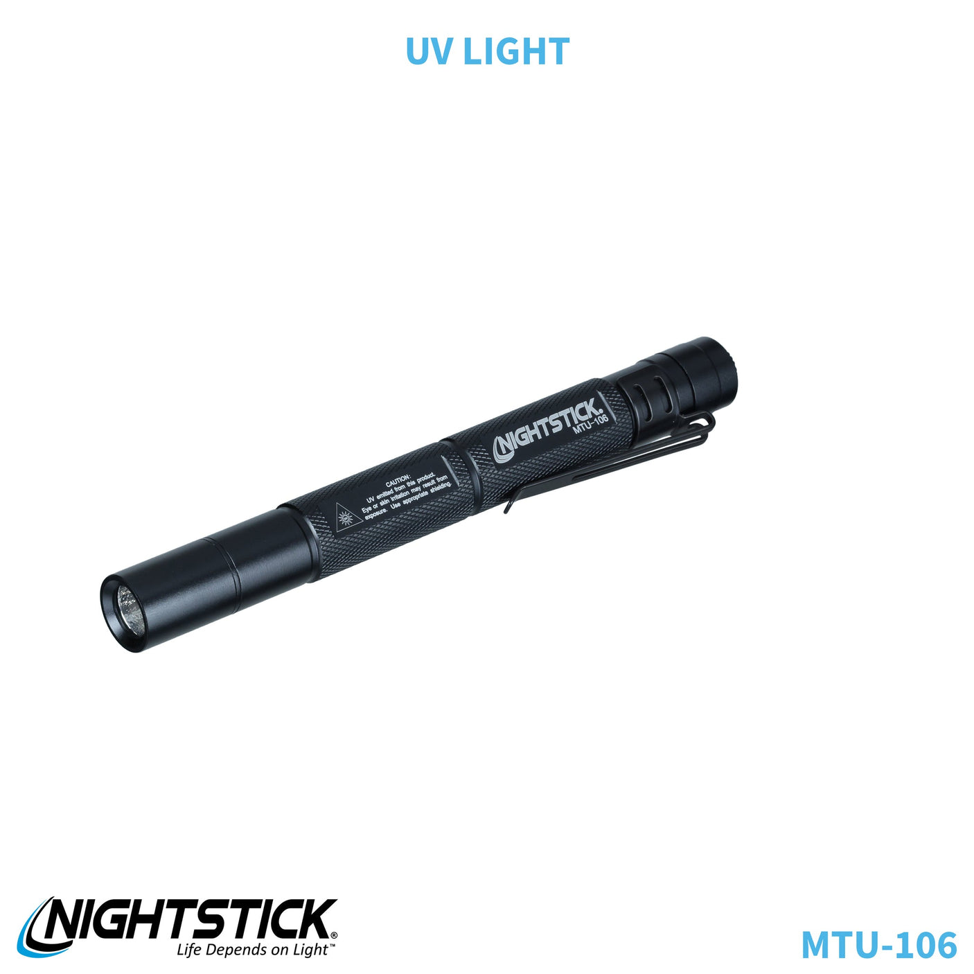 NightStick MTU-106 Mini-Tac UV Light showing the slim aircraft-grade aluminum body and removable pocket clip.
