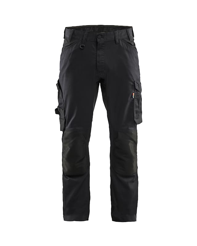 Black cargo pants with multiple pockets on a white background
