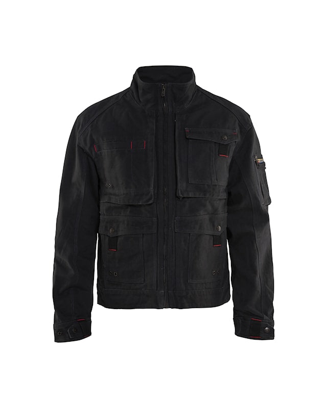 Black jacket with red accents on a white background