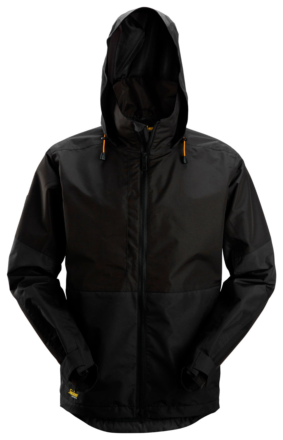 Front view of black Snickers U1304 waterproof shell jacket for site work