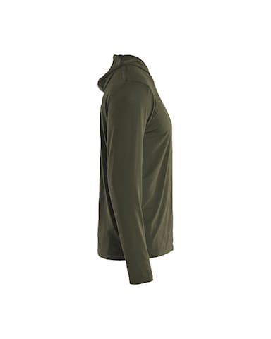 Side view of Blaklader 3516 lightweight work hoodie showing the woven brand label and flexible stretch fit.