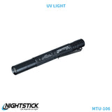 NightStick MTU-106 Mini-Tac UV Light showing the slim aircraft-grade aluminum body and removable pocket clip.