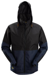 Front view of black Snickers U1304 waterproof shell jacket for site work