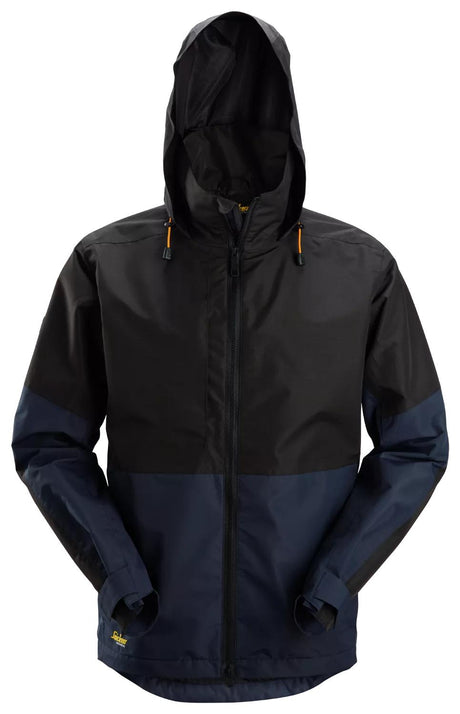 Front view of black Snickers U1304 waterproof shell jacket for site work