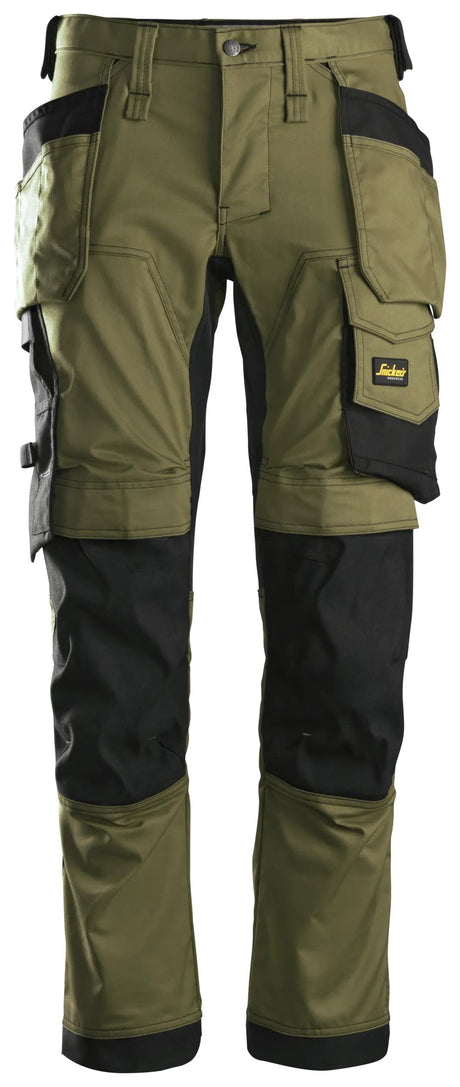 Front view of Snickers U6241 black slim fit stretch work pants with holster pockets