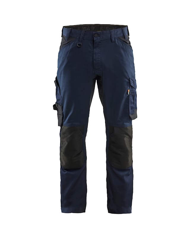 Navy blue work pants with black knee pads on a white background