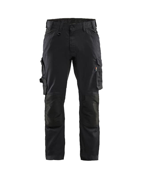 Black cargo pants with multiple pockets on a white background