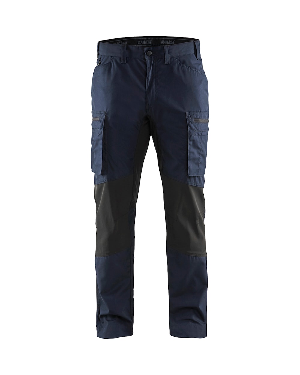 Front view of Blaklader lightweight service pants with stretch showing the elastic waistline and D-ring.
