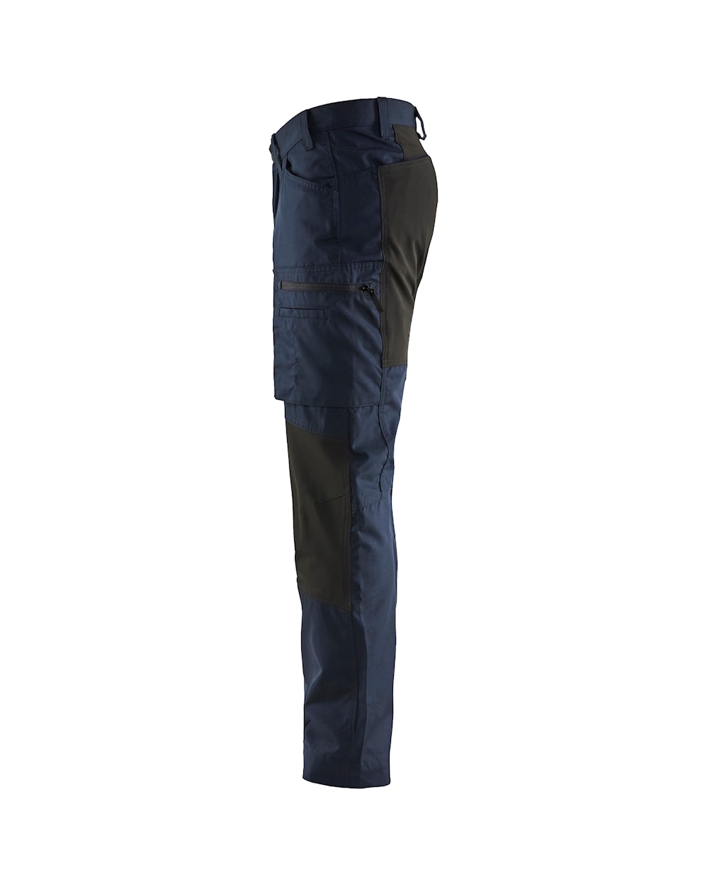 Side profile of lightweight service pants with stretch highlighting the pre-bent knees and zippered leg pockets.