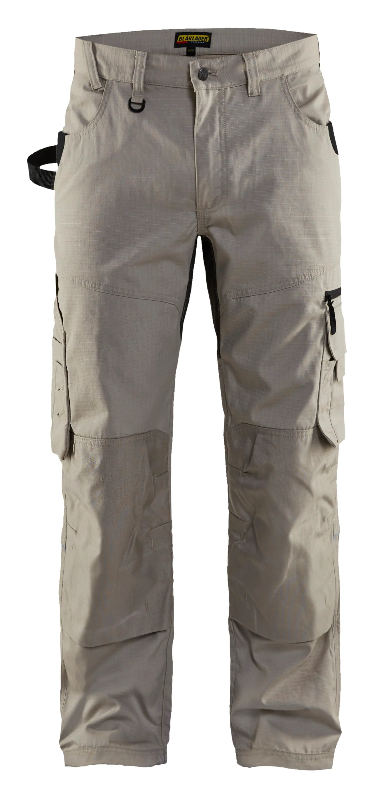 Front view of Blaklader 1690 Rip Stop Stretch Work Pants in 7oz breathable fabric with reinforced nail pockets.