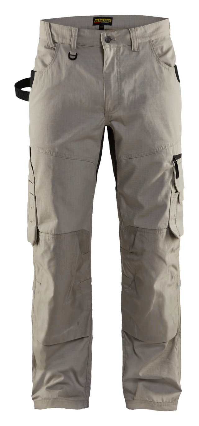 Front view of Blaklader 1690 Rip Stop Stretch Work Pants in 7oz breathable fabric with reinforced nail pockets.