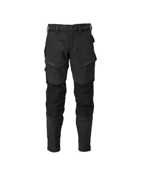 Black tactical pants with multiple pockets on a white background