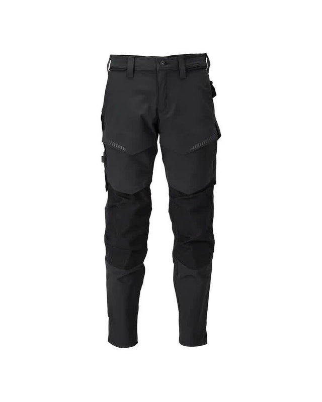 Black tactical pants with multiple pockets on a white background