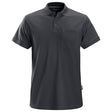 A short-sleeved steel gray Snickers Workwear polo shirt with a collar, a chest pocket, and a button-placket closure.
