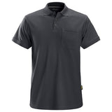 A short-sleeved steel gray Snickers Workwear polo shirt with a collar, a chest pocket, and a button-placket closure.