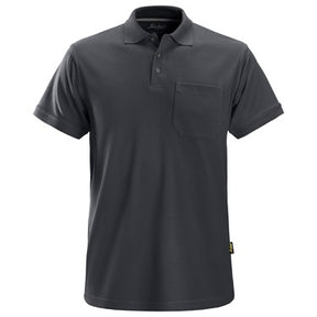 A short-sleeved steel gray Snickers Workwear polo shirt with a collar, a chest pocket, and a button-placket closure.