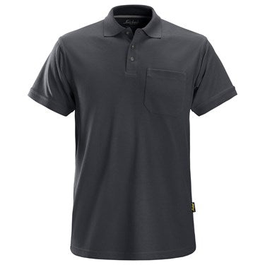A short-sleeved steel gray Snickers Workwear polo shirt with a collar, a chest pocket, and a button-placket closure.
