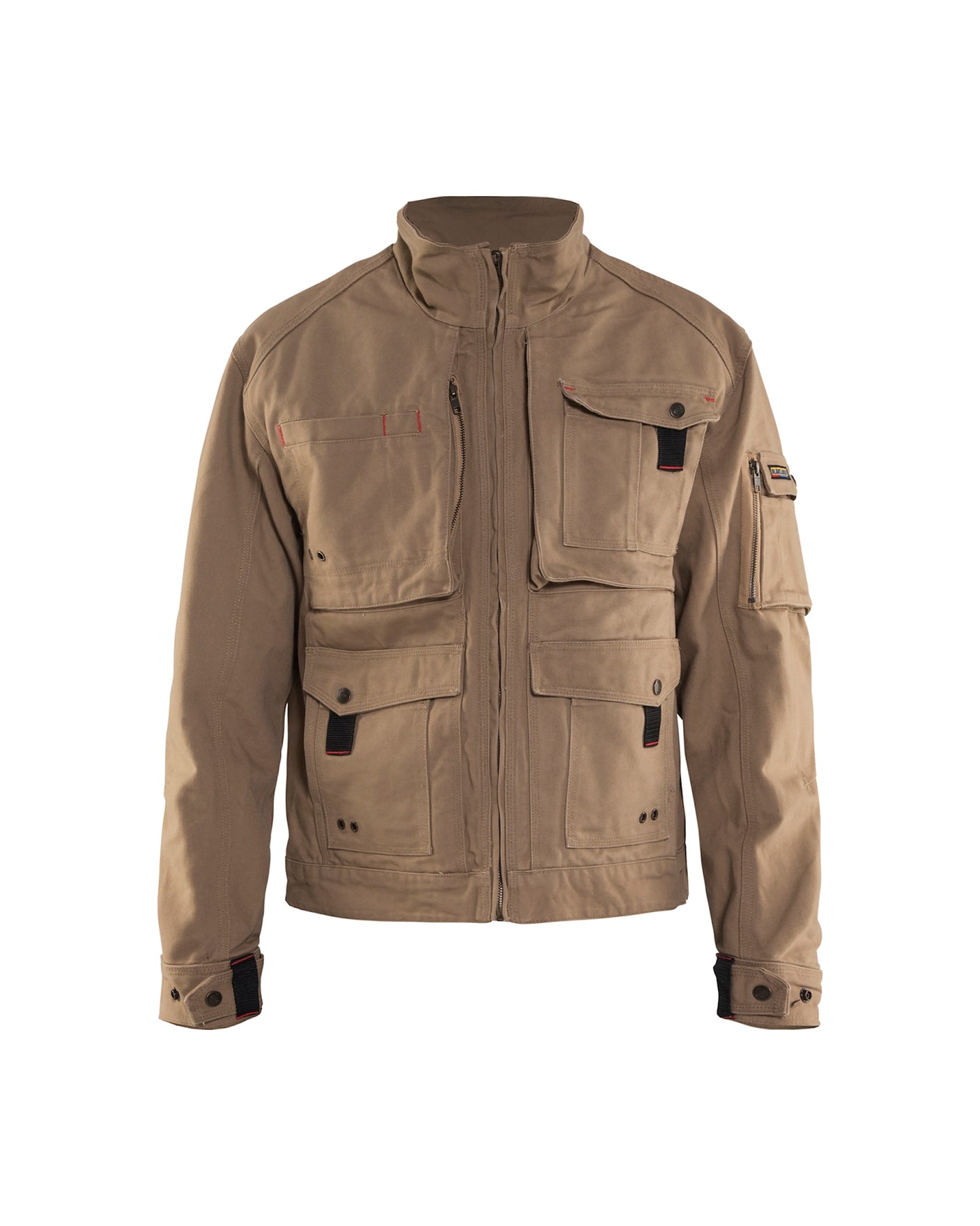 Beige jacket with multiple pockets on a white background