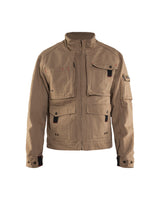 Beige jacket with multiple pockets on a white background