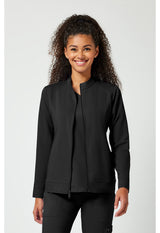 Woman wearing a black jacket on a white background