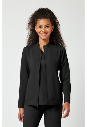 Woman wearing a black jacket on a white background