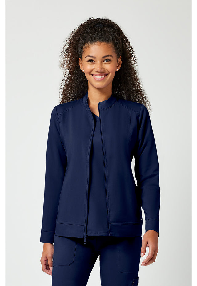 Woman wearing a navy blue jacket on a white background