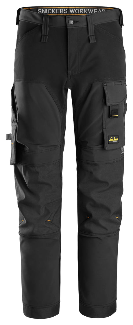 Front view of Snickers U6375 black windproof softshell work pants with 4-way stretch