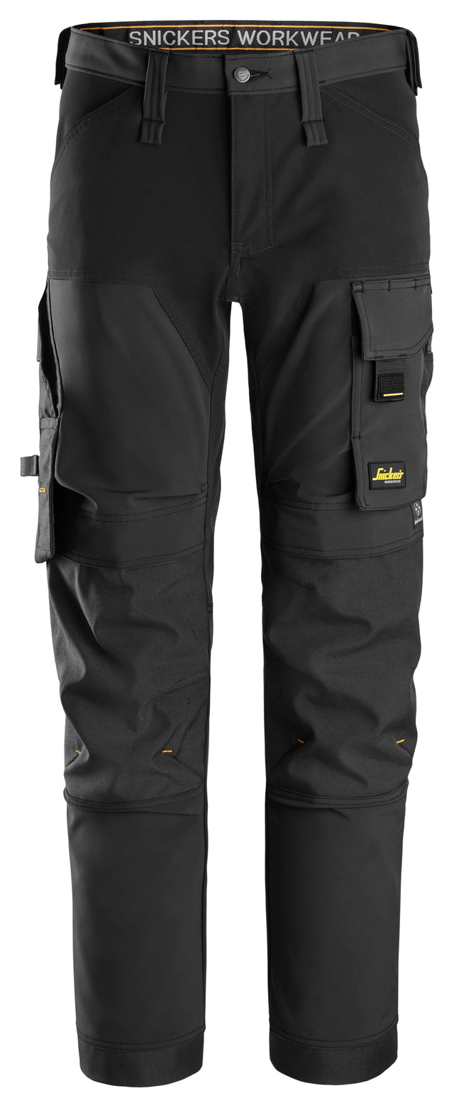 Front view of Snickers U6375 black windproof softshell work pants with 4-way stretch