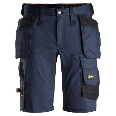 Front view of Snickers U6141 black slim fit work shorts with holster pockets