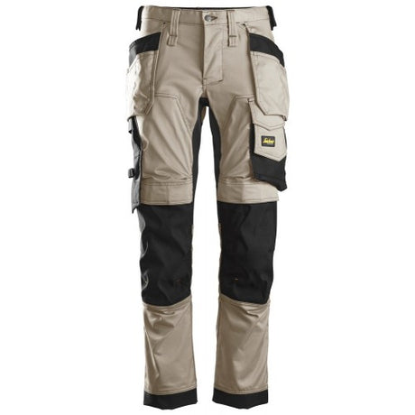 Front view of Snickers U6241 black slim fit stretch work pants with holster pockets