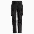 Front view of women's slim fit work trousers in black with 4-way stretch panels for service and transport industries.