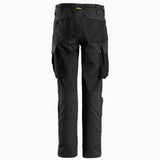 Back view of women's slim fit work trousers in grey, highlighting the contoured waistband and 4-way stretch panels for flexible movement.