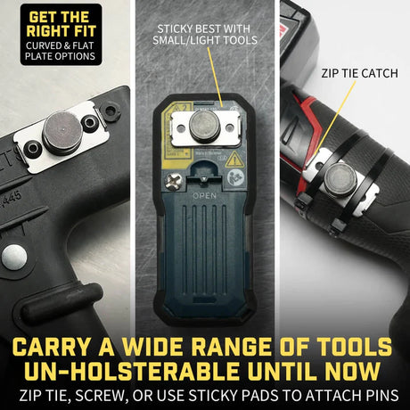 Holstery PinPal Flat Plate Pin Set with VHB adhesive and mounting screws for universal tool attachment.