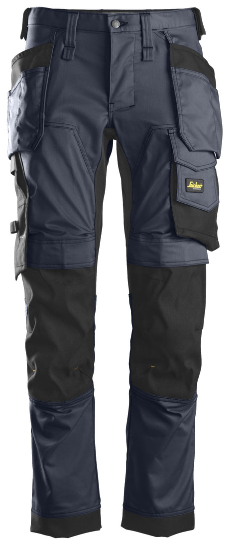 Front view of Snickers U6241 black slim fit stretch work pants with holster pockets