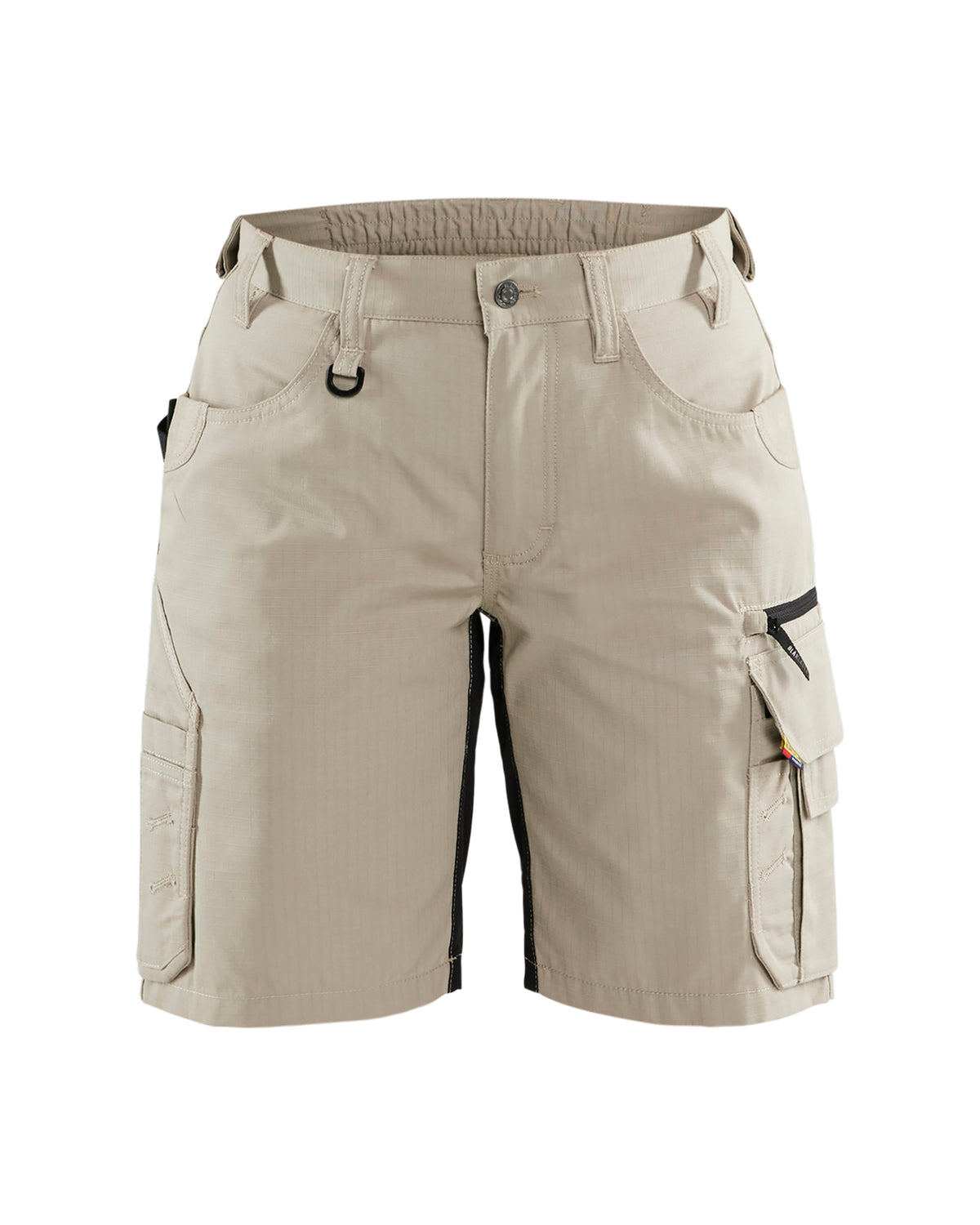 Beige cargo shorts with multiple pockets on a white background