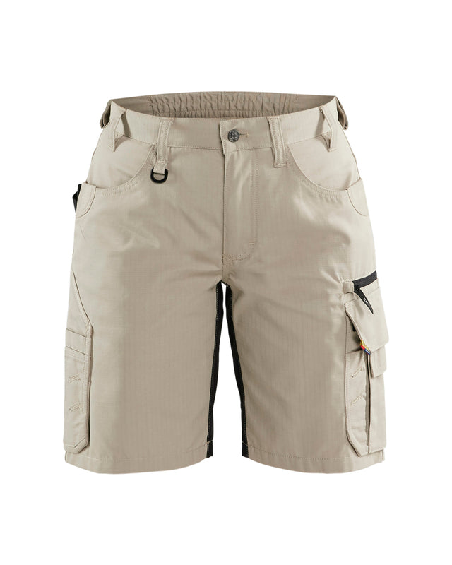 Beige cargo shorts with multiple pockets on a white background