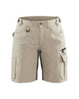 Beige cargo shorts with multiple pockets on a white background