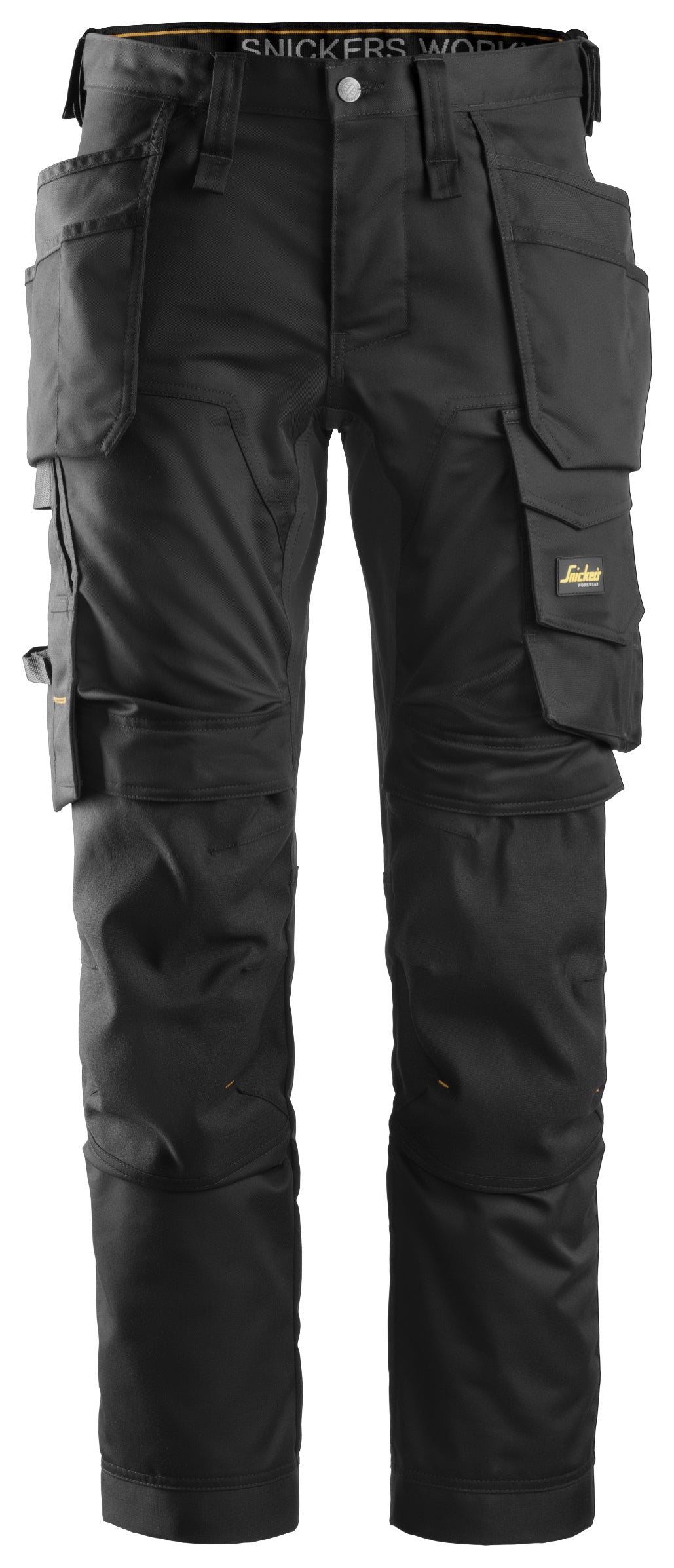 Front view of Snickers U6241 black slim fit stretch work pants with holster pockets