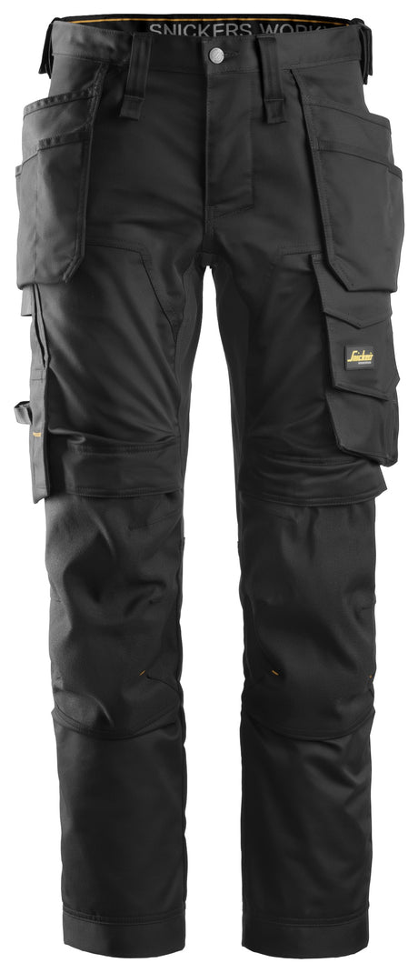 Front view of Snickers U6241 black slim fit stretch work pants with holster pockets