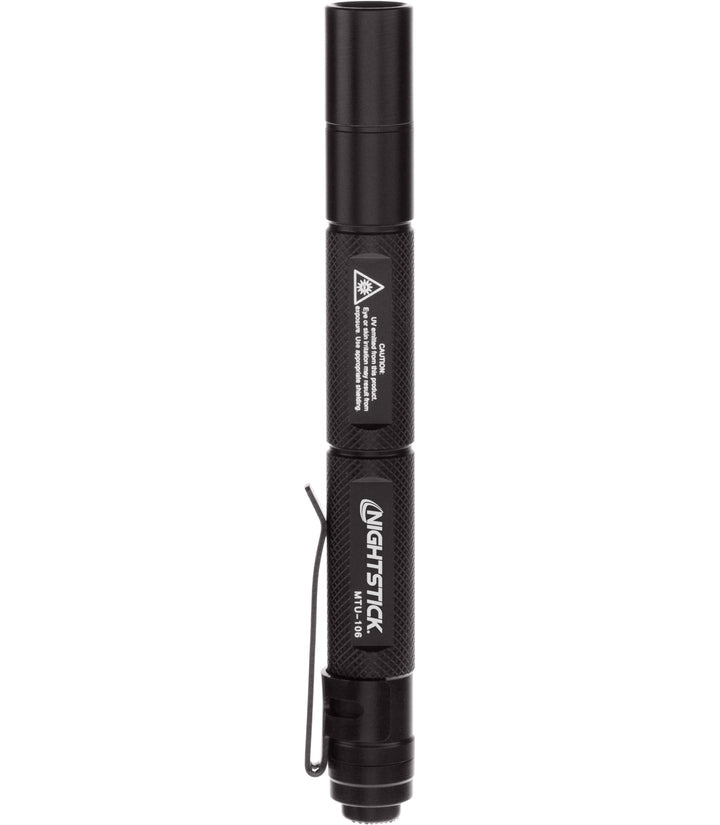 Close-up of the 365nm Ultraviolet LED lens on the NightStick MTU-106, optimized for forensic and leak detection.