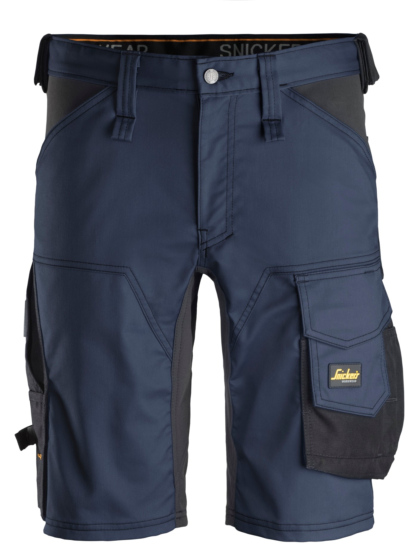 Front view of Snickers U6143 navy slim fit work shorts with cargo pockets