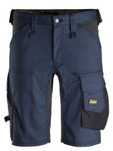 Front view of Snickers U6143 navy slim fit work shorts with cargo pockets