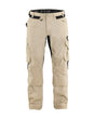 Beige cargo pants with black accents on a white background