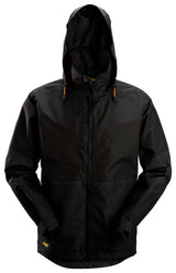 Front view of black Snickers U1304 waterproof shell jacket for site work