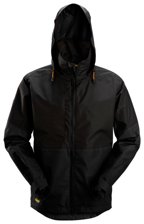 Front view of black Snickers U1304 waterproof shell jacket for site work