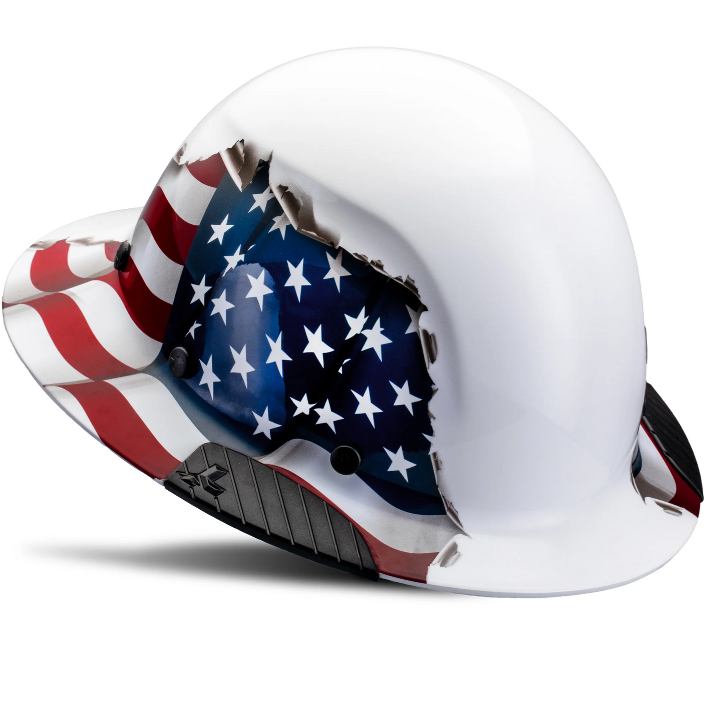 Triple-reinforced crown of a Lift Safety DAX America hard hat showing the fiber resin texture and patriotic graphics