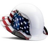 Triple-reinforced crown of a Lift Safety DAX America hard hat showing the fiber resin texture and patriotic graphics