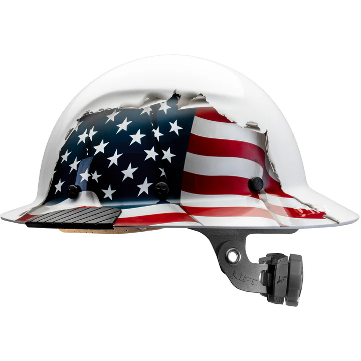 Lift Safety DAX America full brim hard hat featuring the American flag design on a fiber-reinforced resin shell.
