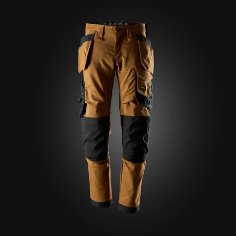 Brown and black work pants on a dark background