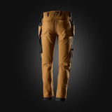 Brown work pants with black accents on a dark background